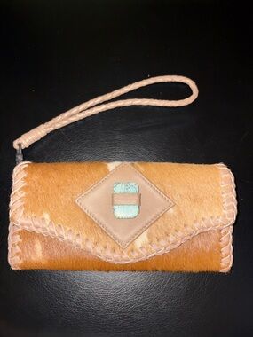 Leather & Haircalf Wristlet Clutch in Tan with Turquoise Accent